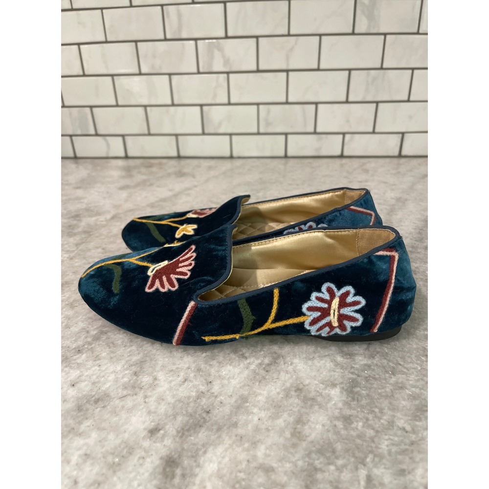 Birdies Loafers Womens 6 Teal Velvet The Starling Floral Embroidered Flats